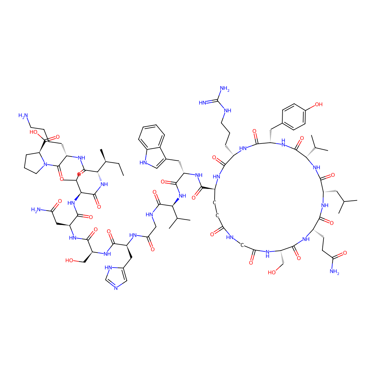 (2S)-1-[(2S)-6-amino-2-[[(2S,3S)-2-[[(2S)-2-[[(2S)-4-amino-2-[[(2S)-2-[[(2S)-2-[[2-[[(2S)-2-[[(2S)-2-[[(5S,8S,11S,14S,17S,20S,23S)-8-(3-amino-3-oxopropyl)-20-(3-carbamimidamidopropyl)-5-(hydroxymethyl)-17-[(4-hydroxyphenyl)methyl]-11-(2-methylpropyl)-3,6,9,12,15,18,21,26-octaoxo-14-propan-2-yl-1,4,7,10,13,16,19,22-octazacyclohexacosane-23-carbonyl]amino]-3-(1H-indol-3-yl)propanoyl]amino]-3-methylbutanoyl]amino]acetyl]amino]-3-(1H-imidazol-5-yl)propanoyl]amino]-3-hydroxypropanoyl]amino]-4-oxobutanoyl]amino]-3-methylbutanoyl]amino]-3-methylpentanoyl]amino]hexanoyl]pyrrolidine-2-carboxylic acid molecular structure, CAS 732286-09-8