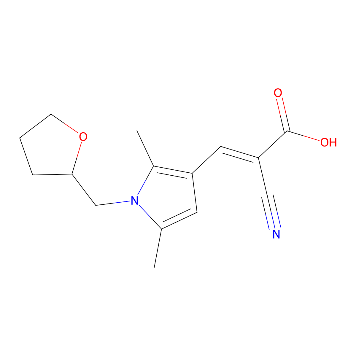 2-cyano-3-[2,5-dimethyl-1-(oxolan-2-ylmethyl)-1H-pyrrol-3-yl]prop-2-enoic acid molecular structure, CAS 732291-32-6