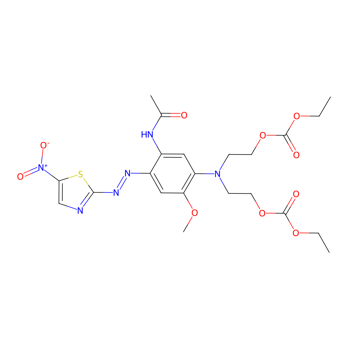 2,8,10-Trioxa-5-azadodecanoic acid, 5-(5-(acetylamino)-2-methoxy-4-(2-(5-nitro-2-thiazolyl)diazenyl)phenyl)-9-oxo-, ethyl ester molecular structure, CAS 73275-65-7