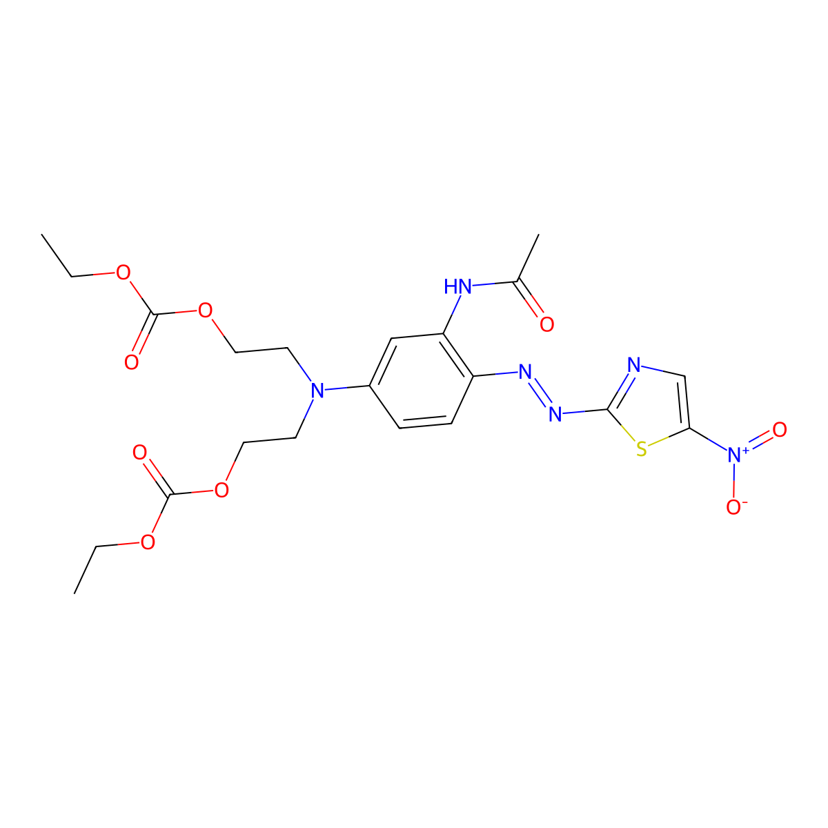 2,8,10-Trioxa-5-azadodecanoic acid, 5-[3-(acetylamino)-4-[2-(5-nitro-2-thiazolyl)diazenyl]phenyl]-9-oxo-, ethyl ester molecular structure, CAS 73275-66-8