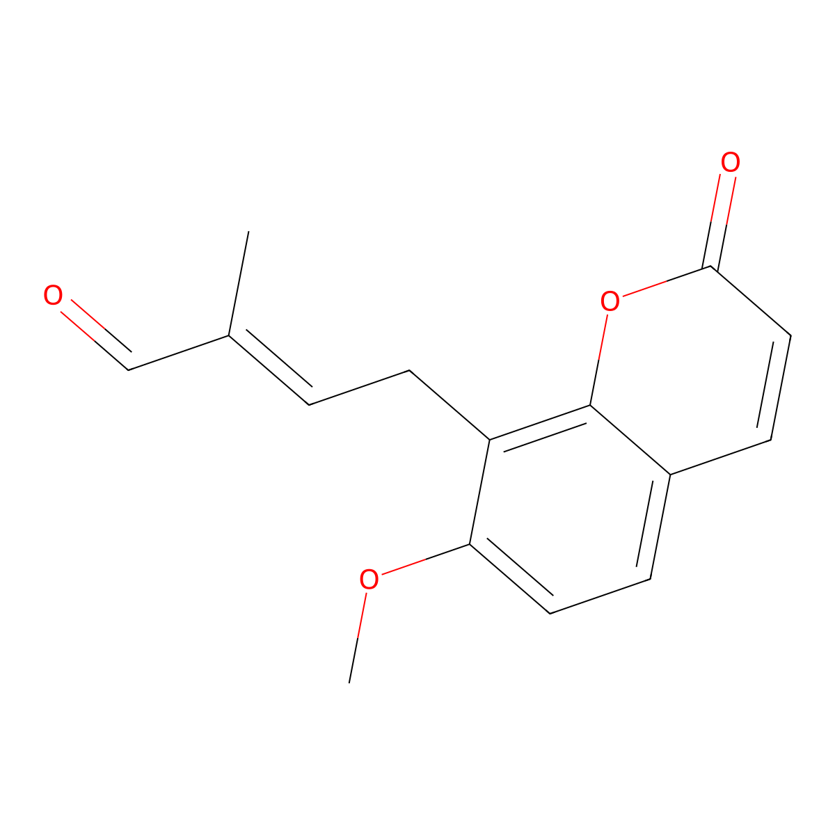 2-Butenal, 4-(7-methoxy-2-oxo-2H-1-benzopyran-8-yl)-2-methyl-, (E)- molecular structure, CAS 73292-92-9