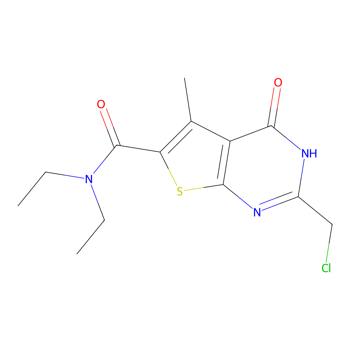 2-(chloromethyl)-N,N-diethyl-5-methyl-4-oxo-3H,4H-thieno[2,3-d]pyrimidine-6-carboxamide molecular structure, CAS 733030-55-2