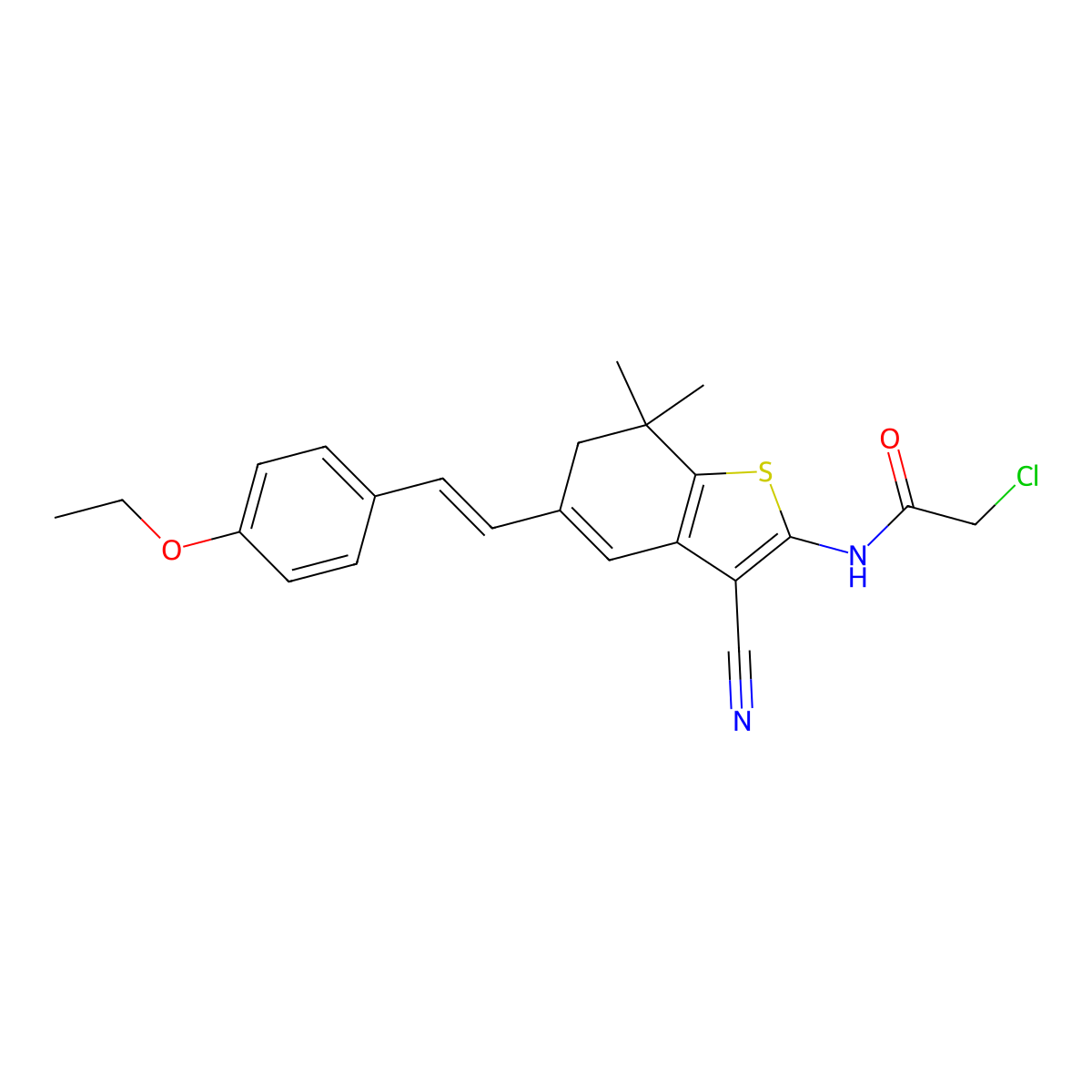 2-chloro-N-{3-cyano-5-[2-(4-ethoxyphenyl)ethenyl]-7,7-dimethyl-6,7-dihydro-1-benzothiophen-2-yl}acetamide molecular structure, CAS 733044-91-2