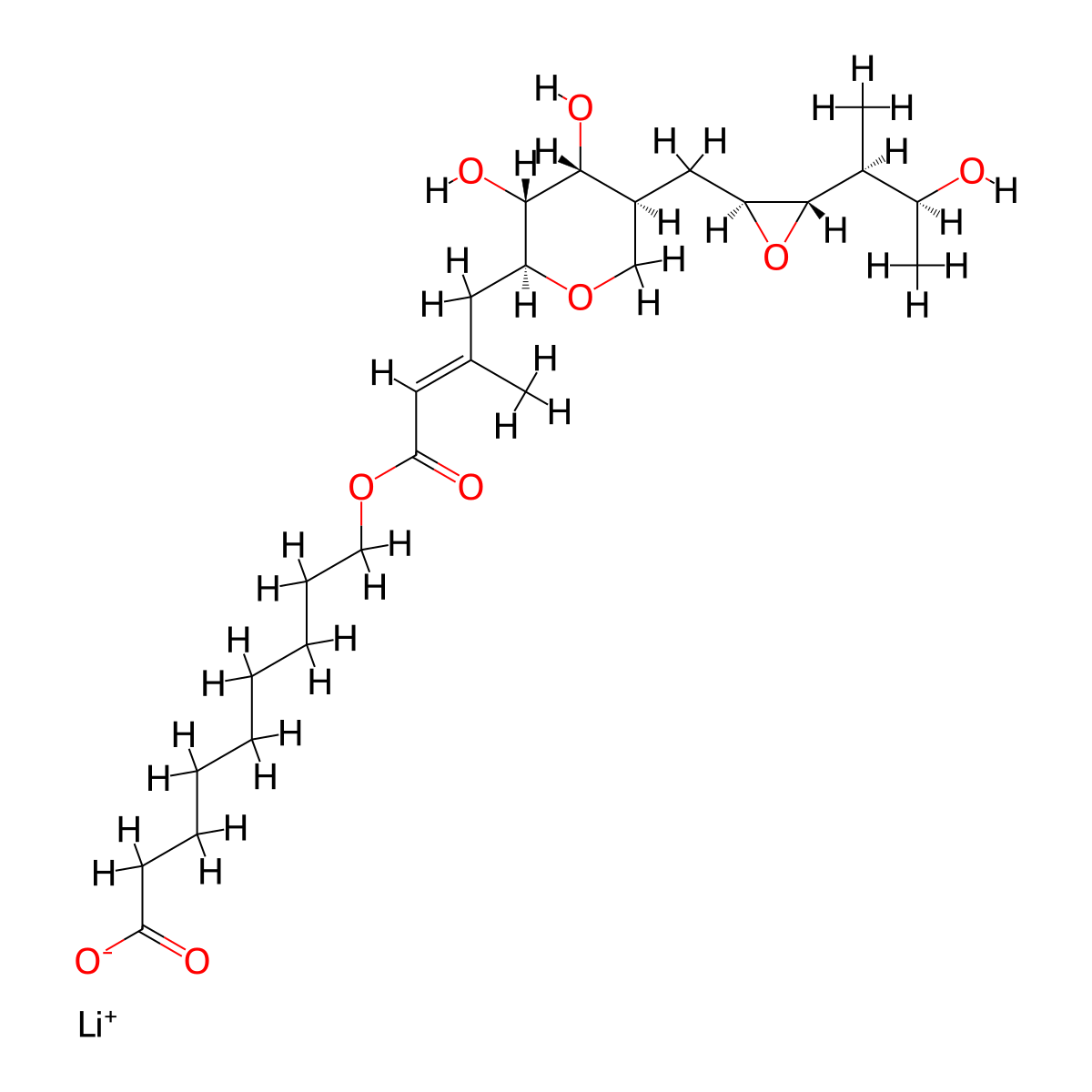 Lithium 9-(((2E)-4-((2S,3R,4R,5S)-3,4-dihydroxy-5-(((2S,3S)-3-((2S,3S)-3-hydroxybutan-2-yl)oxiran-2-yl)methyl)oxan-2-yl)-3-methylbut-2-enoyl)oxy)nonanoate molecular structure, CAS 73346-79-9