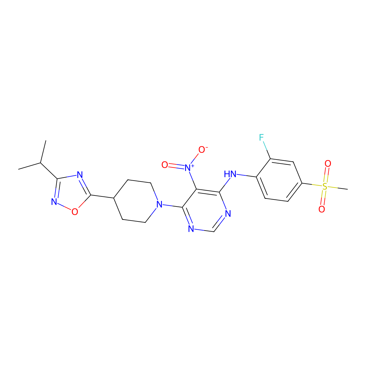 (2-Fluoro-4-(methanesulfonyl)phenyl)(6-(4-(3-isopropyl-(1,2,4)oxadiazol-5-yl)piperidin-1-yl)-5-nitropyrimidin-4-yl)amine molecular structure, CAS 733750-99-7