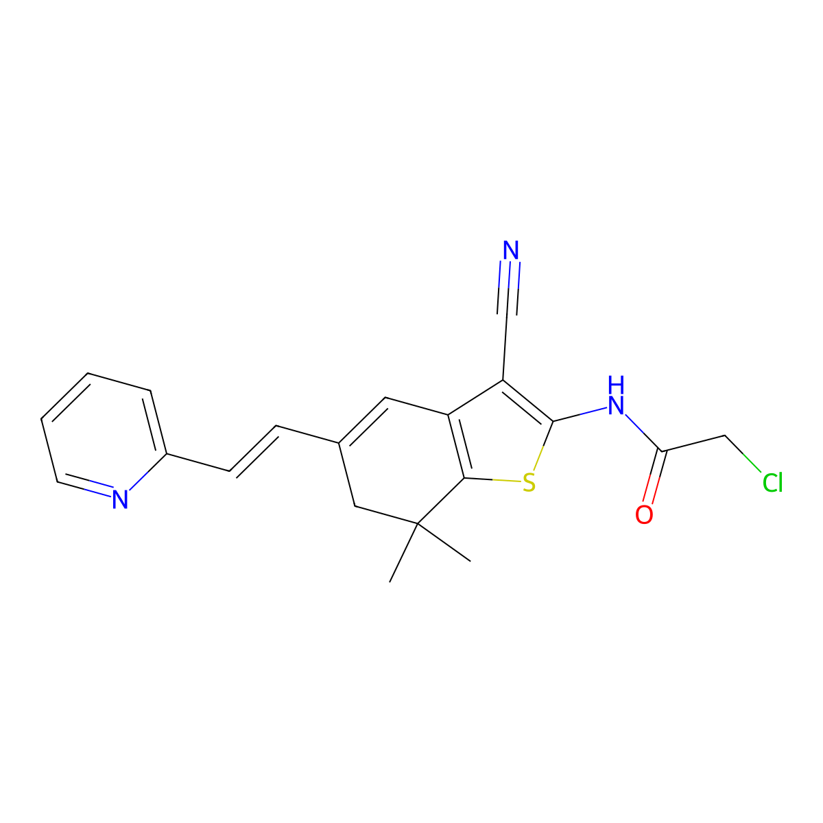 2-chloro-N-[3-cyano-7,7-dimethyl-5-[(E)-2-pyridin-2-ylethenyl]-6H-1-benzothiophen-2-yl]acetamide molecular structure, CAS 733759-44-9