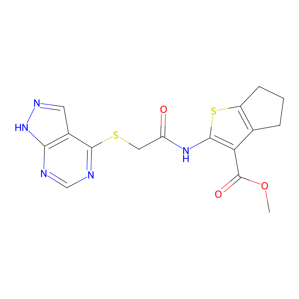 methyl 2-(2-{1H-pyrazolo[3,4-d]pyrimidin-4-ylsulfanyl}acetamido)-4H,5H,6H-cyclopenta[b]thiophene-3-carboxylate molecular structure, CAS 733761-83-6