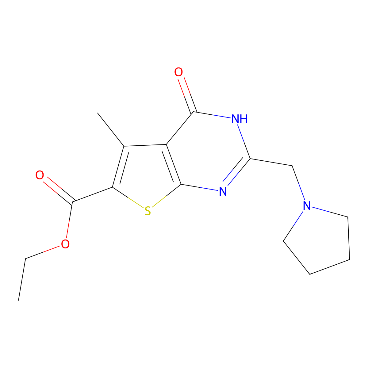 Ethyl 5-methyl-4-oxo-2-(1-pyrrolidinylmethyl)-3,4-dihydrothieno[2,3-d]pyrimidine-6-carboxylate molecular structure, CAS 733786-79-3