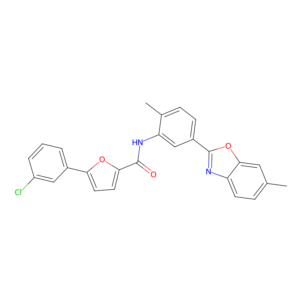 5-(3-chlorophenyl)-N-[2-methyl-5-(6-methyl-1,3-benzoxazol-2-yl)phenyl]furan-2-carboxamide molecular structure, CAS 733798-70-4