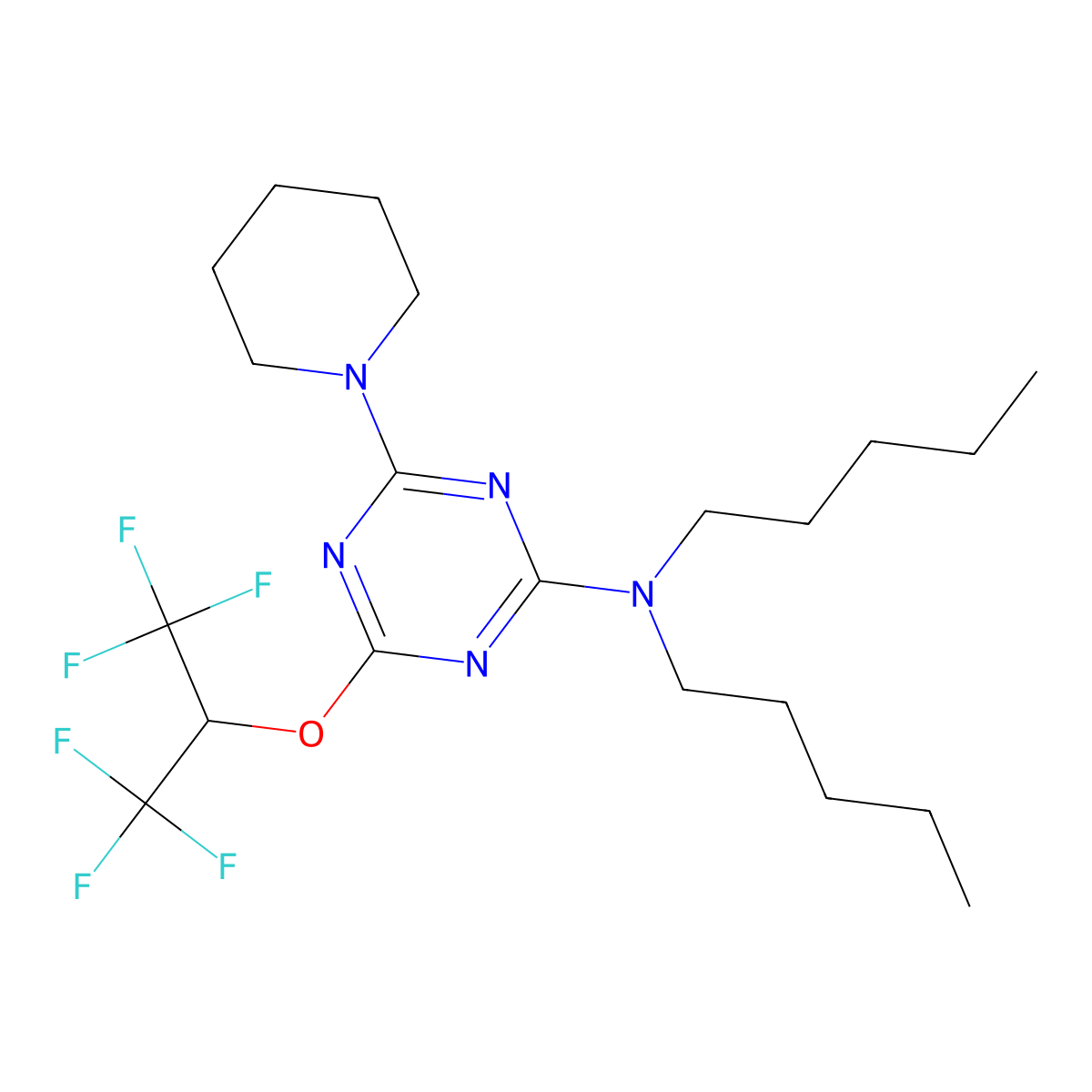 4-(1,1,1,3,3,3-hexafluoropropan-2-yloxy)-N,N-dipentyl-6-piperidin-1-yl-1,3,5-triazin-2-amine molecular structure, CAS 733800-57-2