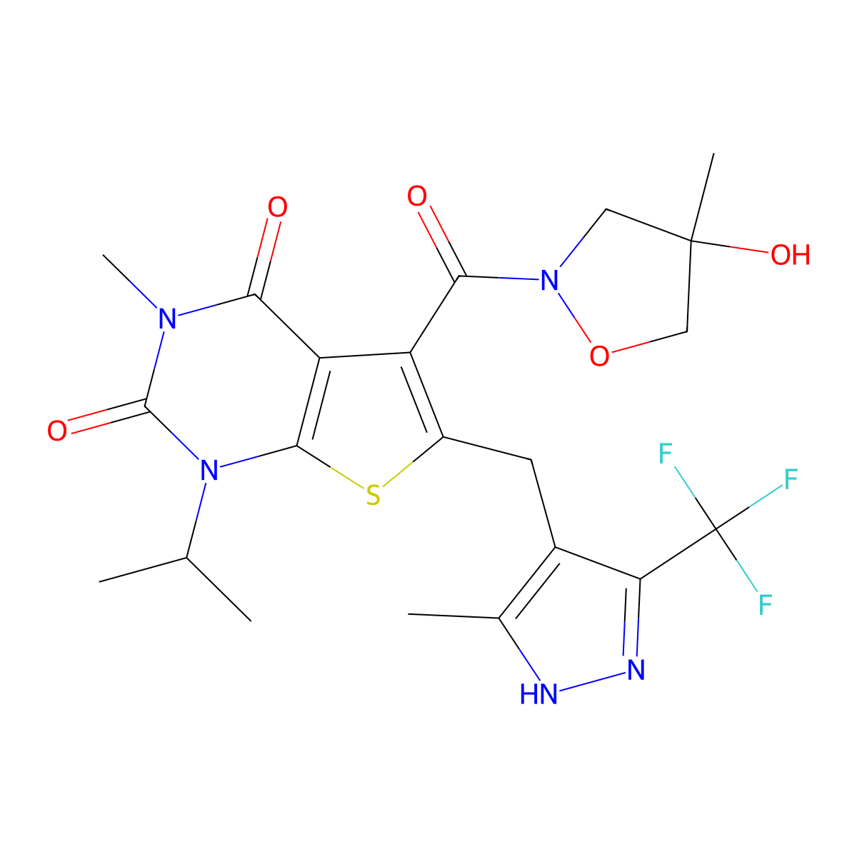 5-[(4S)-4-hydroxy-4-methyl-1,2-oxazolidine-2-carbonyl]-3-methyl-6-{[5-methyl-3-(trifluoromethyl)-1H-pyrazol-4-yl]methyl}-1-(propan-2-yl)thieno[2,3-d]pyrimidine-2,4(1H,3H)-dione molecular structure, CAS 733809-45-5