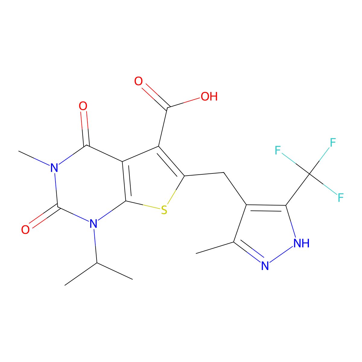 1-isopropyl-3-methyl-6-((5-methyl-3-(trifluoromethyl)-1H-pyrazol-4-yl)methyl)-2,4-dioxo-1,2,3,4-tetrahydrothieno[2,3-d]pyrimidine-5-carboxylic acid molecular structure, CAS 733810-92-9
