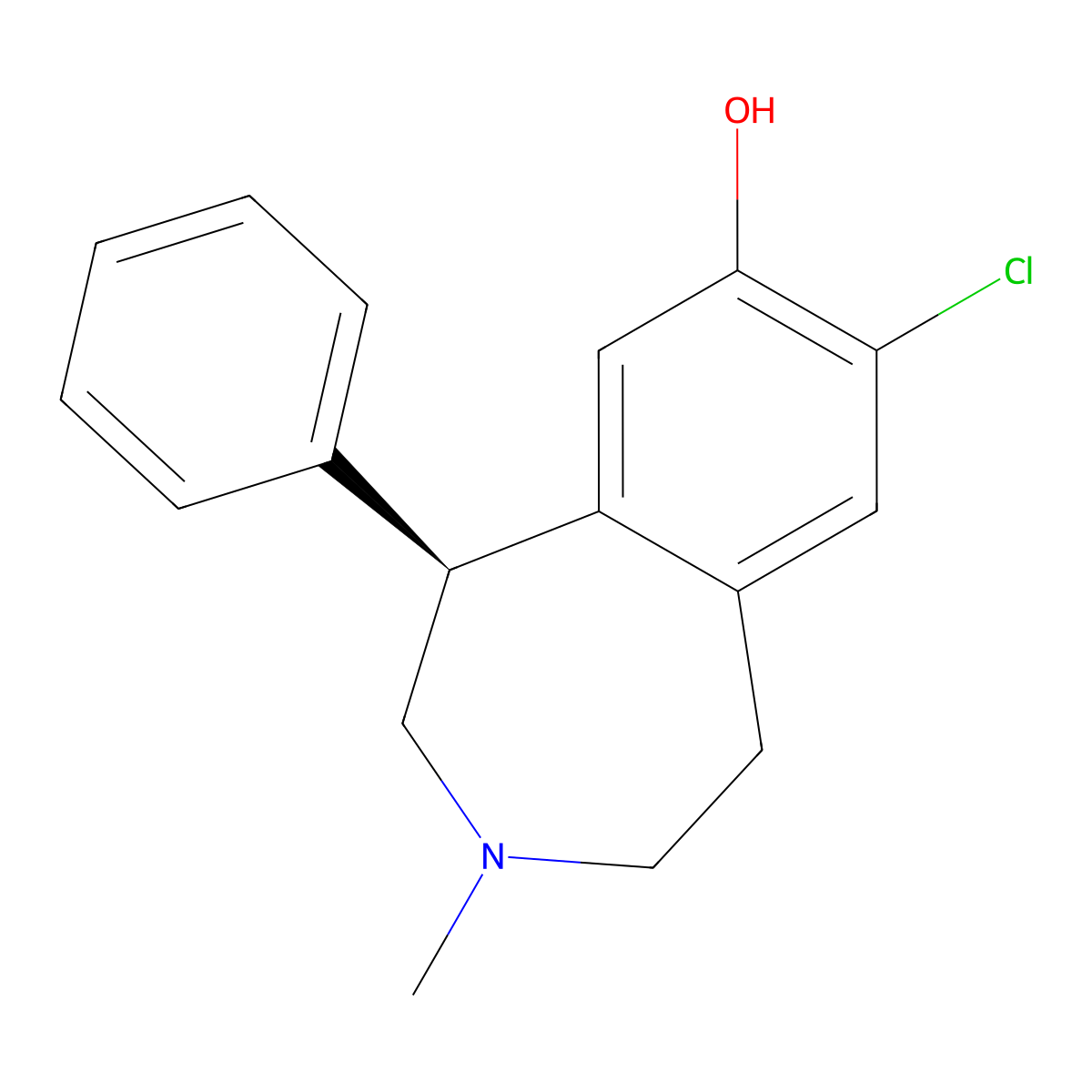 (1S)-7-chloro-3-methyl-1-phenyl-1,2,4,5-tetrahydro-3-benzazepin-8-ol molecular structure, CAS 73445-63-3