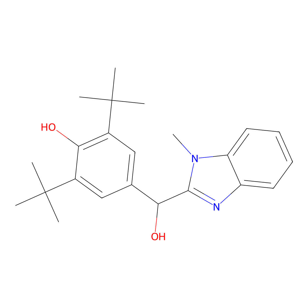 2,6-Ditert-butyl-4-[hydroxy-(1-methylbenzimidazol-2-yl)methyl]phenol molecular structure, CAS 73448-27-8