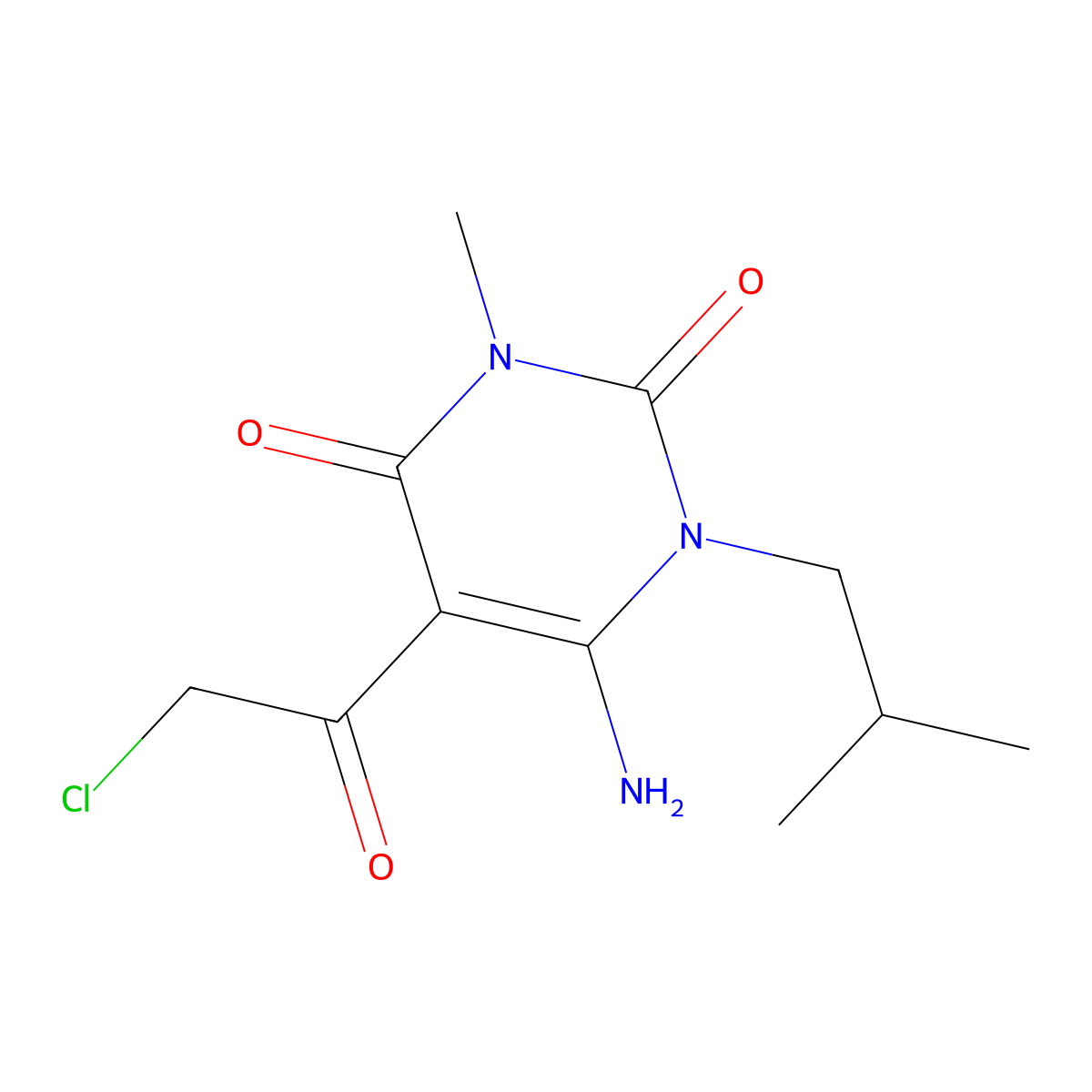 6-Amino-5-(2-chloroacetyl)-3-methyl-1-(2-methylpropyl)-1,2,3,4-tetrahydropyrimidine-2,4-dione molecular structure, CAS 734535-44-5