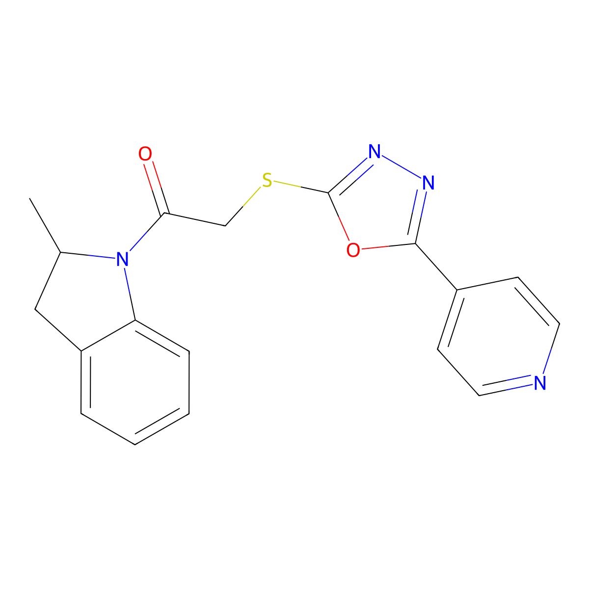 1-(2-methyl-2,3-dihydro-1H-indol-1-yl)-2-{[5-(pyridin-4-yl)-1,3,4-oxadiazol-2-yl]sulfanyl}ethanone molecular structure, CAS 734545-17-6