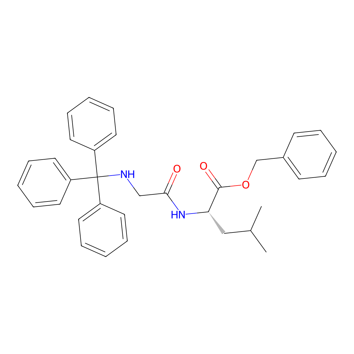 Benzyl (2S)-4-methyl-2-{2-[(triphenylmethyl)amino]acetamido}pentanoate molecular structure, CAS 73488-67-2