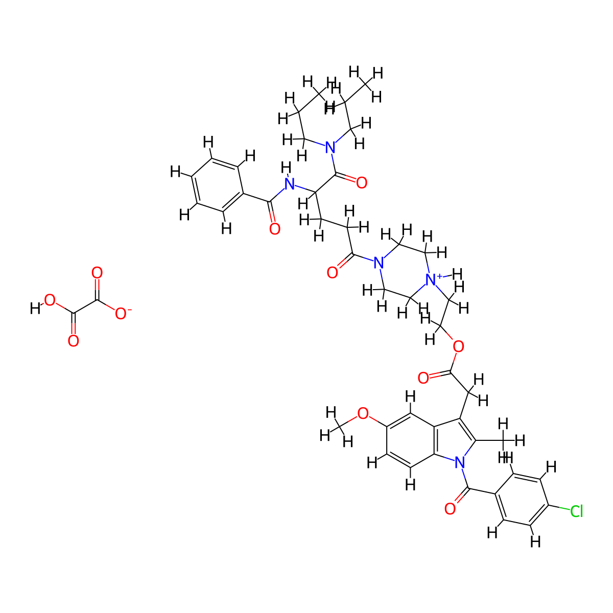 1H-Indole-3-acetic acid, 1-(4-chlorobenzoyl)-5-methoxy-2-methyl-, 2-(4-(4-(benzoylamino)-5-(dipropylamino)-1,5-dioxopentyl)-1-piperazinyl)ethyl ester, (+-)-, ethanedioate (1:1) molecular structure, CAS 73520-99-7