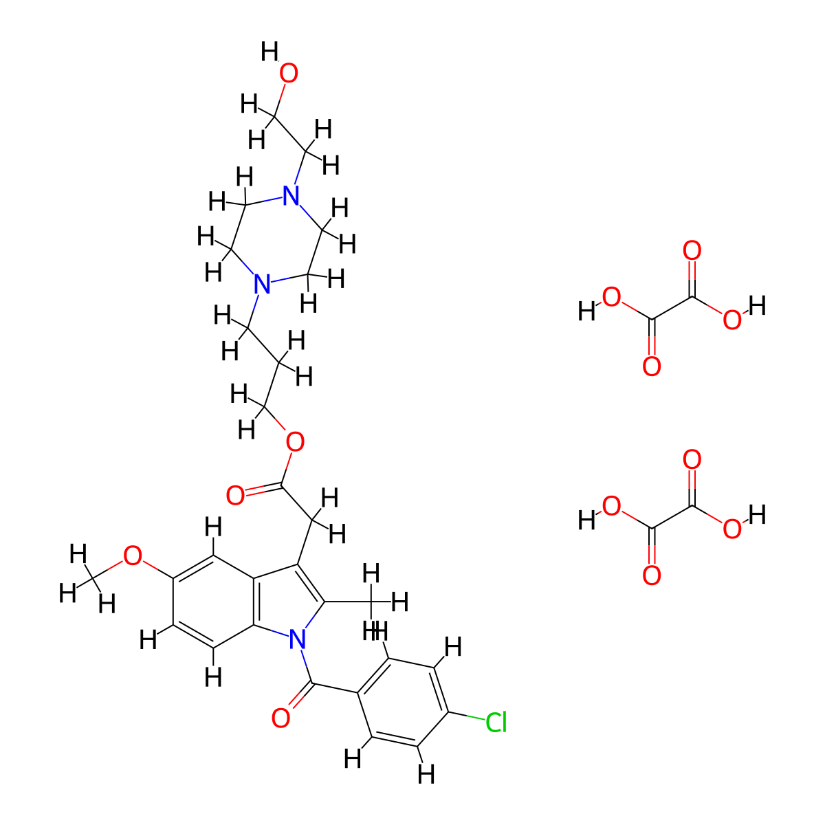 1h-indole-3-acetic acid, 1-(4-chlorobenzoyl)-5-methoxy-2-methyl-, 3-(4-(2-hydroxyethyl)-1-piperazinyl)propyl ester, ethanedioate (1:2) (salt) molecular structure, CAS 73521-06-9