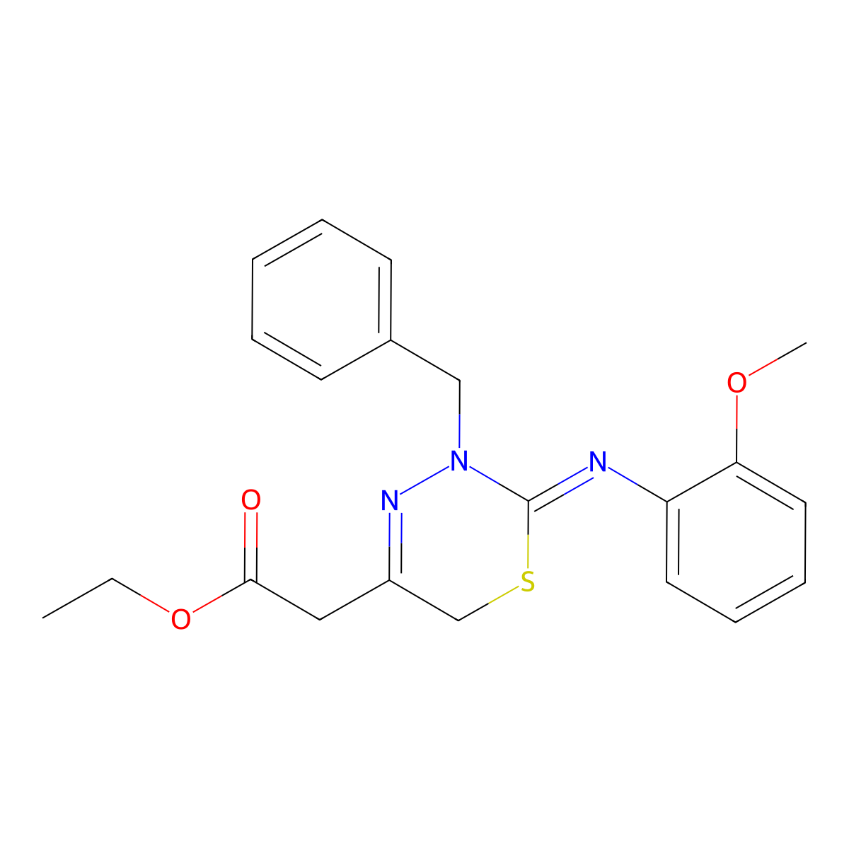 ethyl 2-{3-benzyl-2-[(2-methoxyphenyl)imino]-3,6-dihydro-2H-1,3,4-thiadiazin-5-yl}acetate molecular structure, CAS 735320-30-6