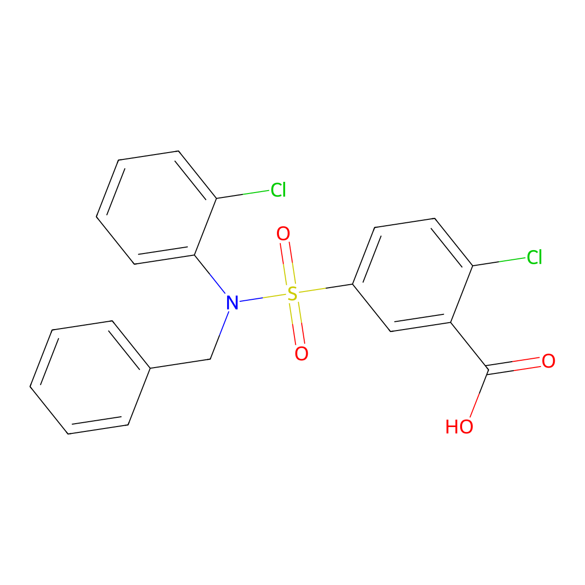 5-[Benzyl-(2-chloro-phenyl)-sulfamoyl]-2-chloro-benzoic acid molecular structure, CAS 735322-08-4