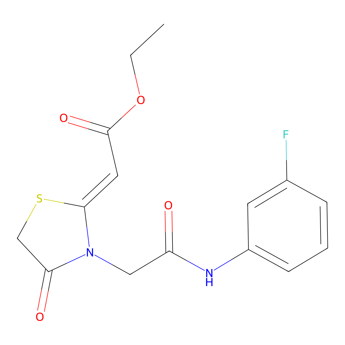 Ethyl 2-(3-(((3-fluorophenyl)carbamoyl)methyl)-4-oxo-1,3-thiazolidin-2-ylidene)acetate molecular structure, CAS 735335-61-2