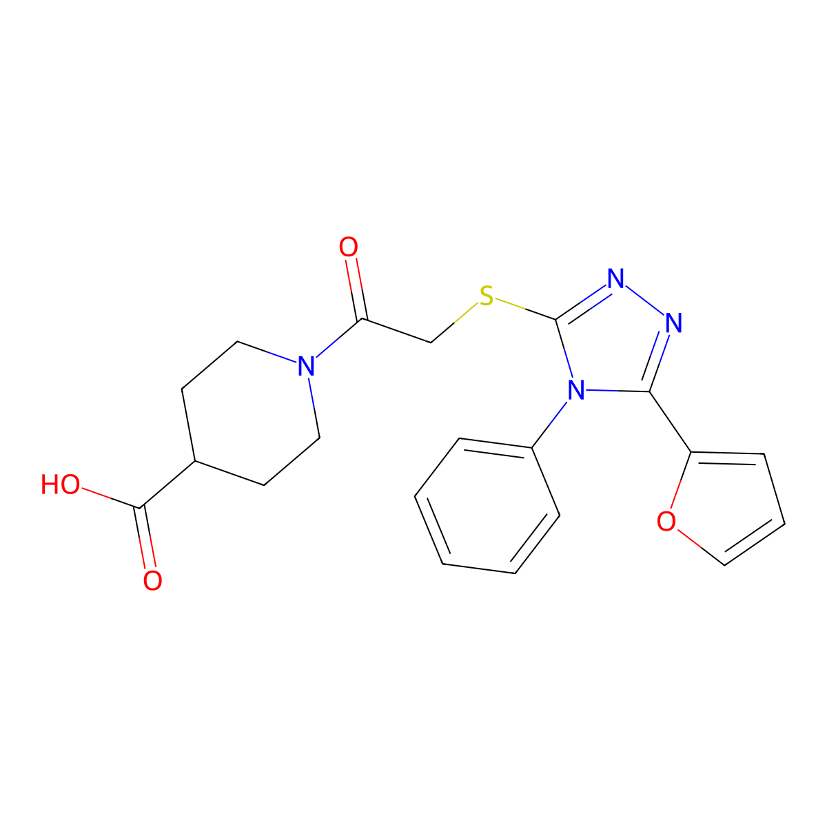 1-(2-{[5-(furan-2-yl)-4-phenyl-4H-1,2,4-triazol-3-yl]sulfanyl}acetyl)piperidine-4-carboxylic acid molecular structure, CAS 735336-27-3