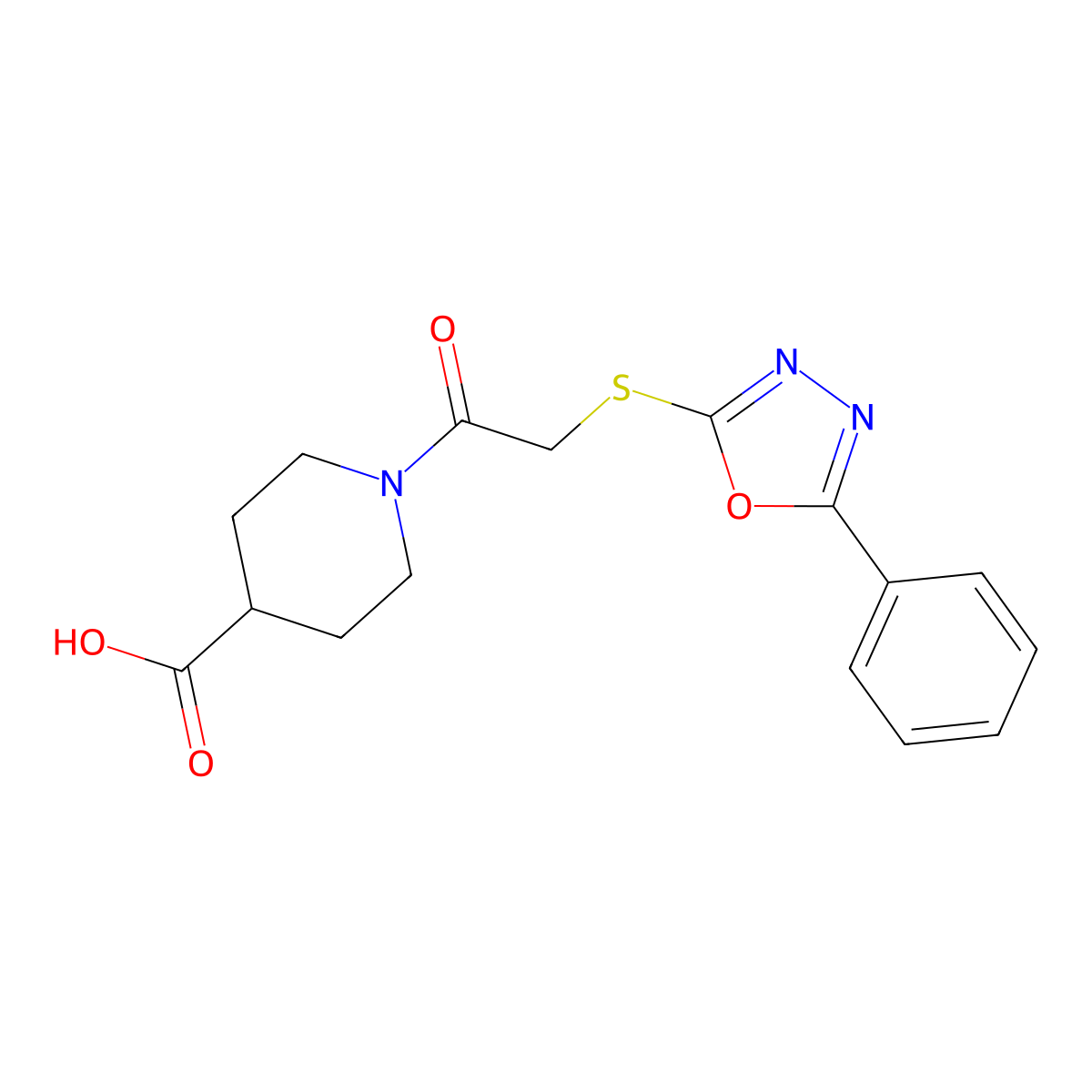 1-(2-((5-Phenyl-1,3,4-oxadiazol-2-yl)sulfanyl)acetyl)piperidine-4-carboxylic acid molecular structure, CAS 735336-29-5