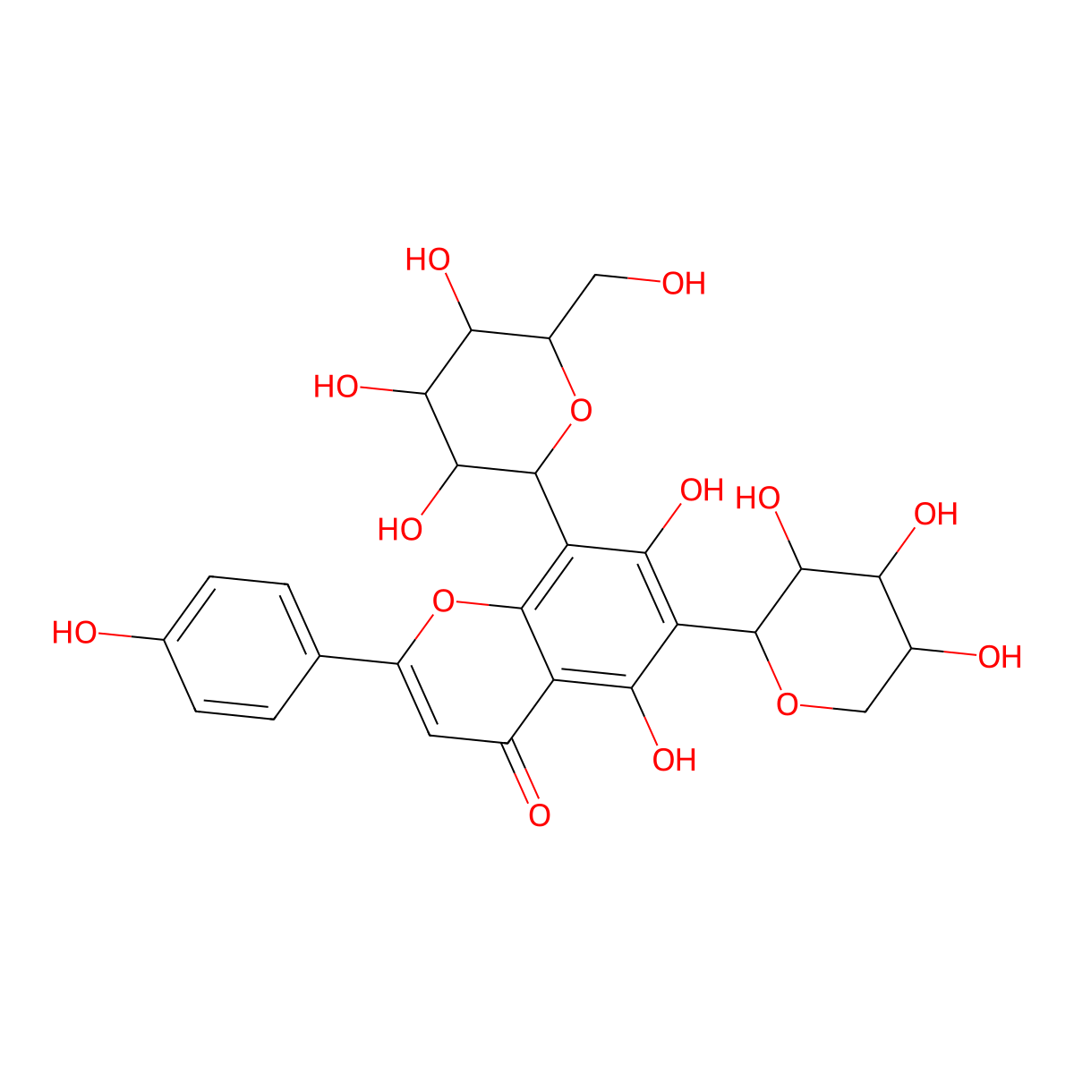 5,7-Dihydroxy-2-(4-hydroxyphenyl)-8-(3,4,5-trihydroxy-6-(hydroxymethyl)oxan-2-yl)-6-(3,4,5-trihydroxyoxan-2-yl)chromen-4-one molecular structure, CAS 73543-87-0