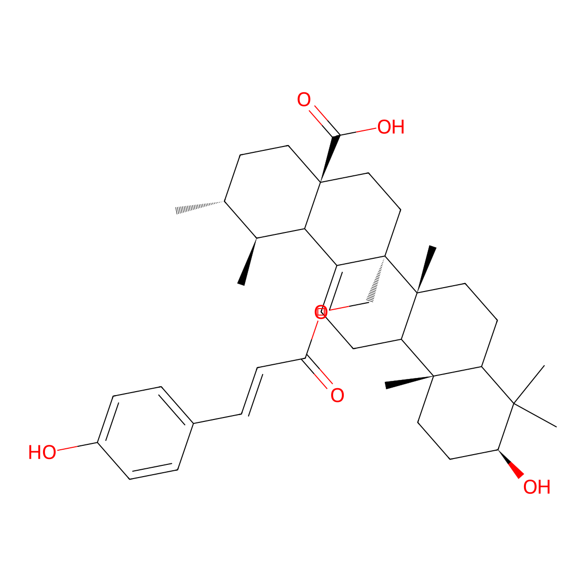(1S,2R,4aS,6aR,6bR,10S,12aR)-10-hydroxy-6a-[[(E)-3-(4-hydroxyphenyl)prop-2-enoyl]oxymethyl]-1,2,6b,9,9,12a-hexamethyl-2,3,4,5,6,6a,7,8,8a,10,11,12,13,14b-tetradecahydro-1H-picene-4a-carboxylic acid molecular structure, CAS 73584-67-5