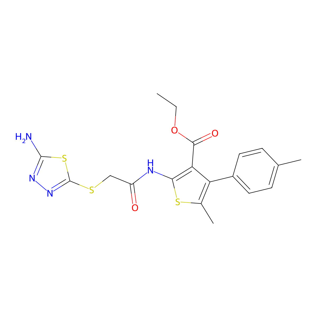 Ethyl 2-({[(5-amino-1,3,4-thiadiazol-2-yl)sulfanyl]acetyl}amino)-5-methyl-4-(4-methylphenyl)thiophene-3-carboxylate molecular structure, CAS 736146-79-5