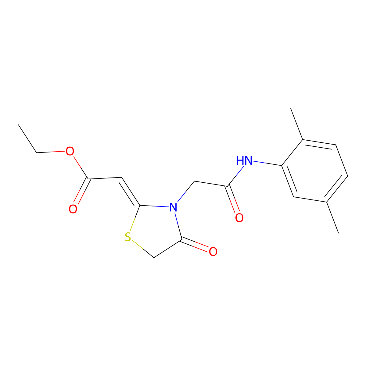 Ethyl 2-(3-(((2,5-dimethylphenyl)carbamoyl)methyl)-4-oxo-1,3-thiazolidin-2-ylidene)acetate molecular structure, CAS 736162-68-8