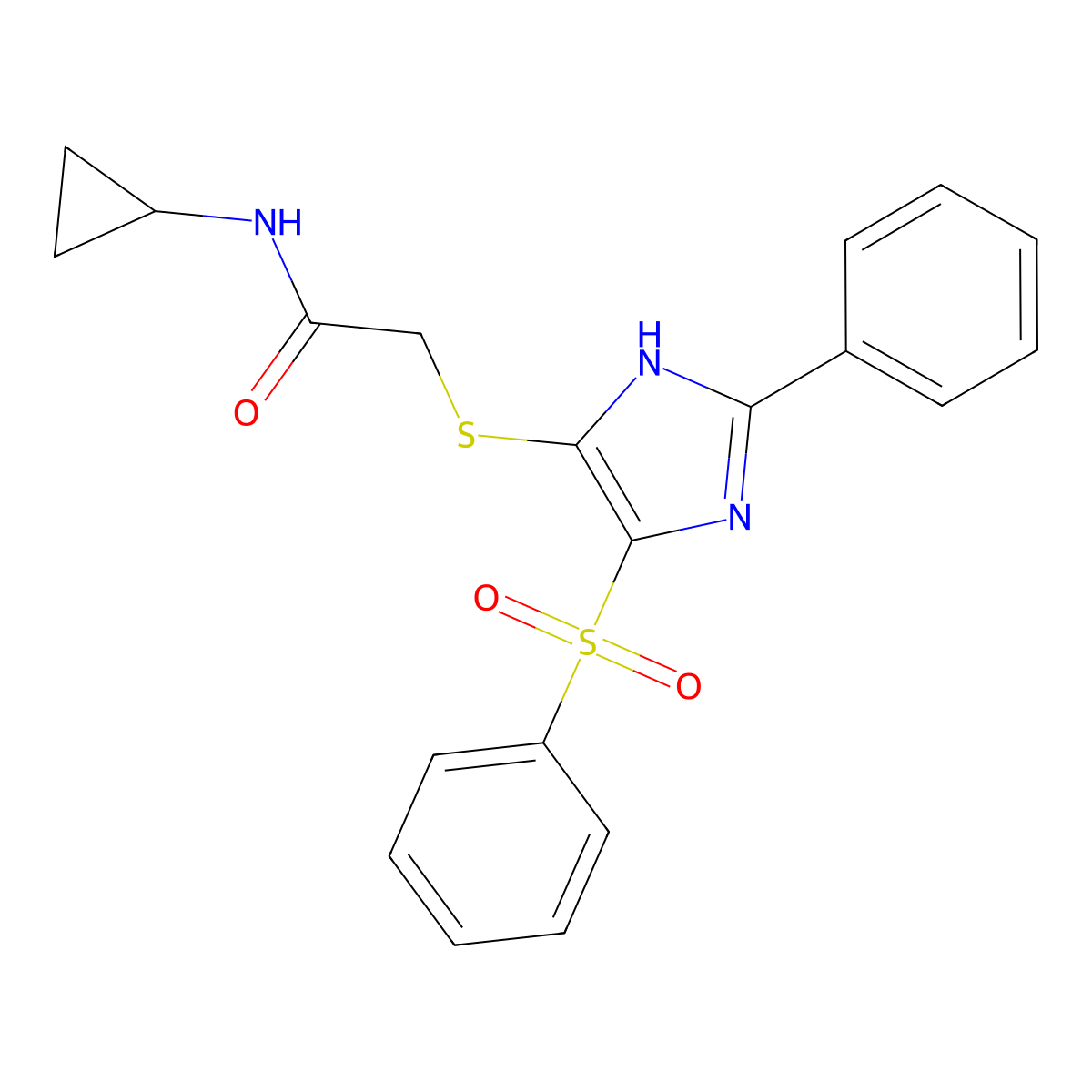 N-cyclopropyl-2-((2-phenyl-4-(phenylsulfonyl)-1H-imidazol-5-yl)thio)acetamide molecular structure, CAS 736169-76-9