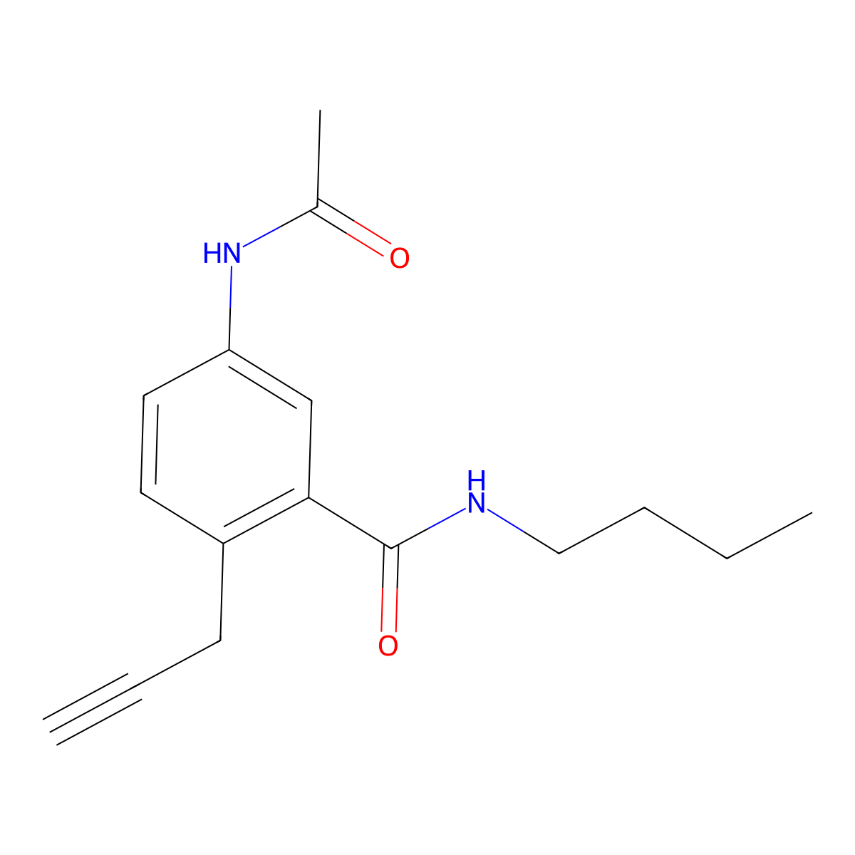 Benzamide, 5-acetamido-N-butyl-2-(prop-2-ynyl)- molecular structure, CAS 73664-65-0