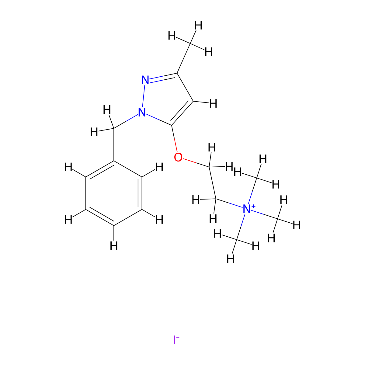 Ammonium, (1-benzyl-3-methyl-5-pyrazolyloxyethyl)trimethyl-, iodide molecular structure, CAS 7368-12-9