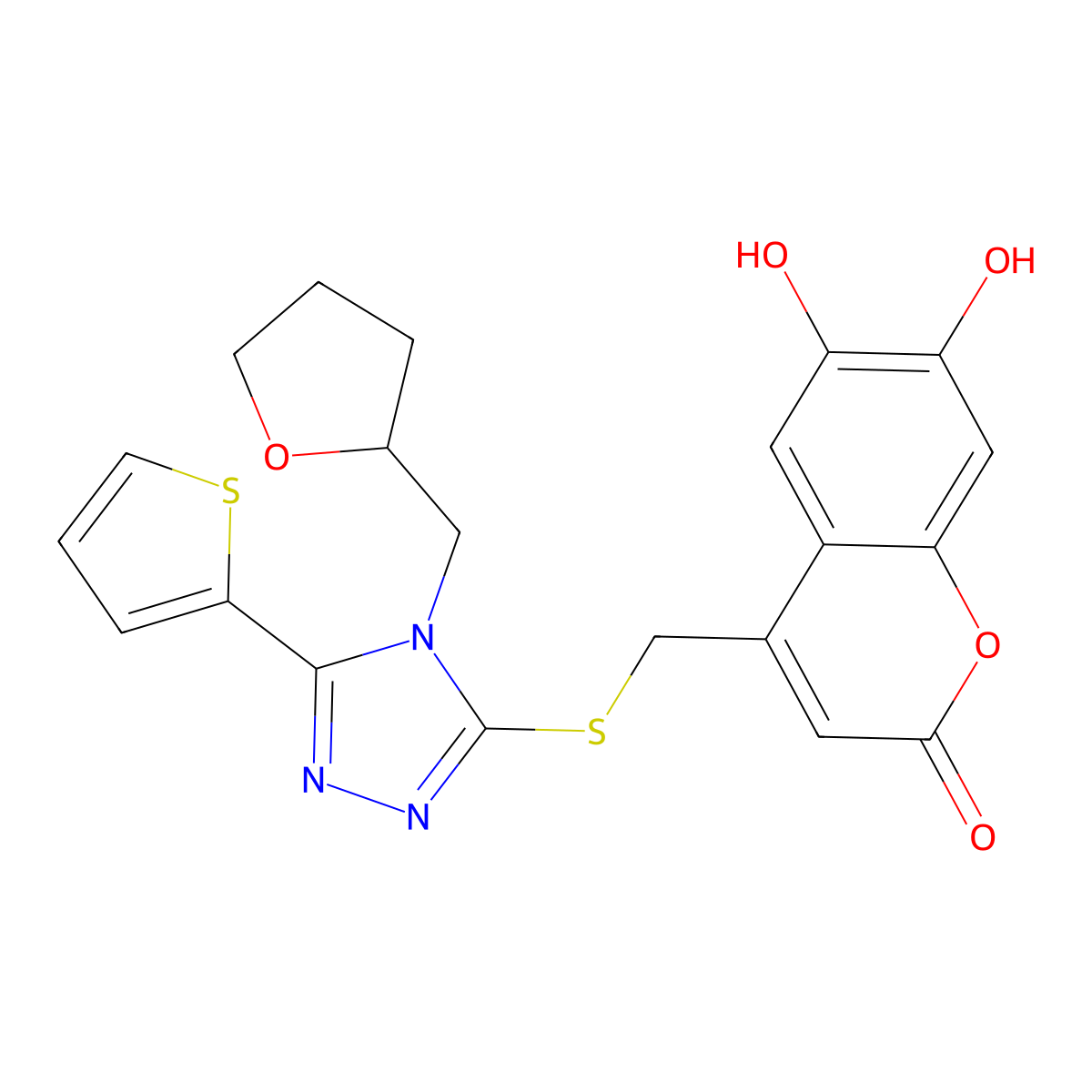 6,7-Dihydroxy-4-[[4-(oxolan-2-ylmethyl)-5-thiophen-2-yl-1,2,4-triazol-3-yl]sulfanylmethyl]chromen-2-one molecular structure, CAS 736937-08-9
