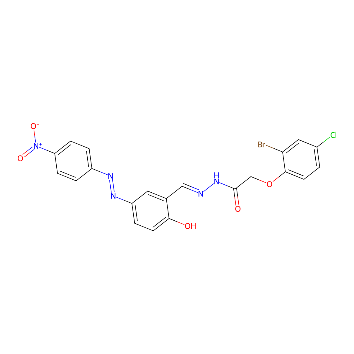 Acetic acid, 2-(2-bromo-4-chlorophenoxy)-, 2-[[2-hydroxy-5-[2-(4-nitrophenyl)diazenyl]phenyl]methylene]hydrazide molecular structure, CAS 736942-96-4