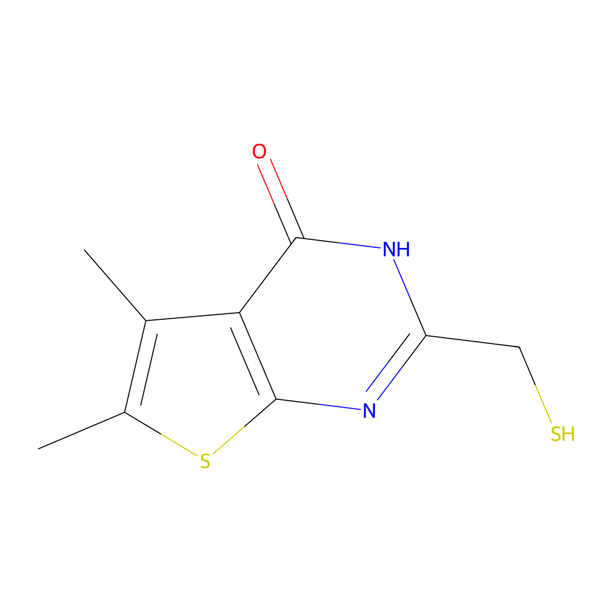 2-(mercaptomethyl)-5,6-dimethylthieno[2,3-d]pyrimidin-4(3H)-one molecular structure, CAS 736948-79-1