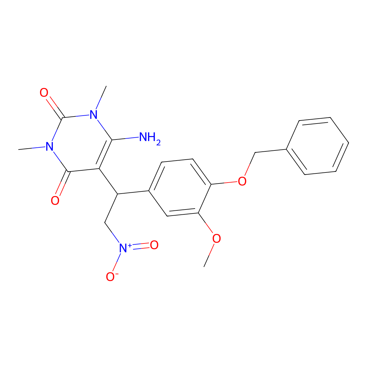6-Amino-5-{1-[4-(benzyloxy)-3-methoxyphenyl]-2-nitroethyl}-1,3-dimethyl-1,2,3,4-tetrahydropyrimidine-2,4-dione molecular structure, CAS 736948-88-2