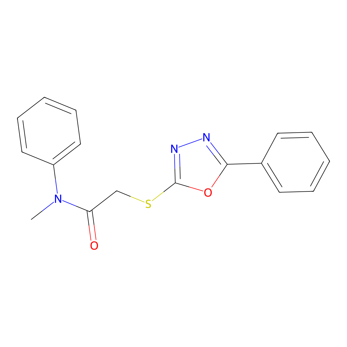 N-Methyl-N-phenyl-2-((5-phenyl-1,3,4-oxadiazol-2-yl)thio)acetamide molecular structure, CAS 736950-05-3