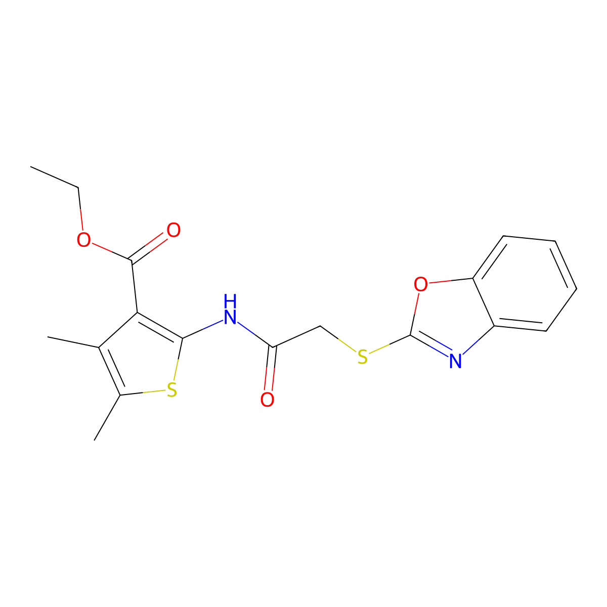 Ethyl 2-{[(1,3-benzoxazol-2-ylthio)acetyl]amino}-4,5-dimethyl-3-thiophenecarboxylate molecular structure, CAS 736957-03-2