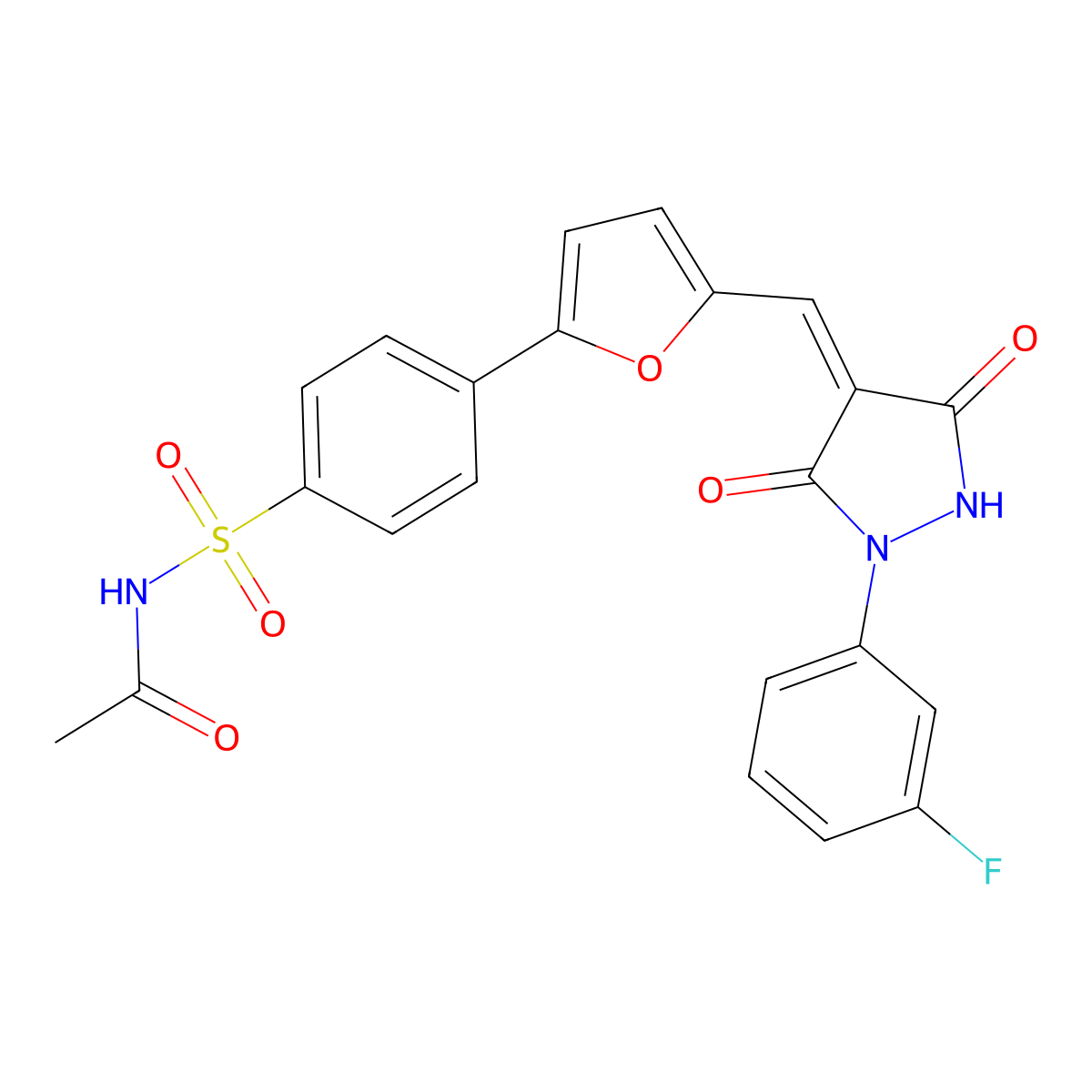 N-[[4-[5-[[1-(3-Fluorophenyl)-3,5-dioxo-4-pyrazolidinylidene]methyl]-2-furanyl]phenyl]sulfonyl]acetamide molecular structure, CAS 736960-89-7