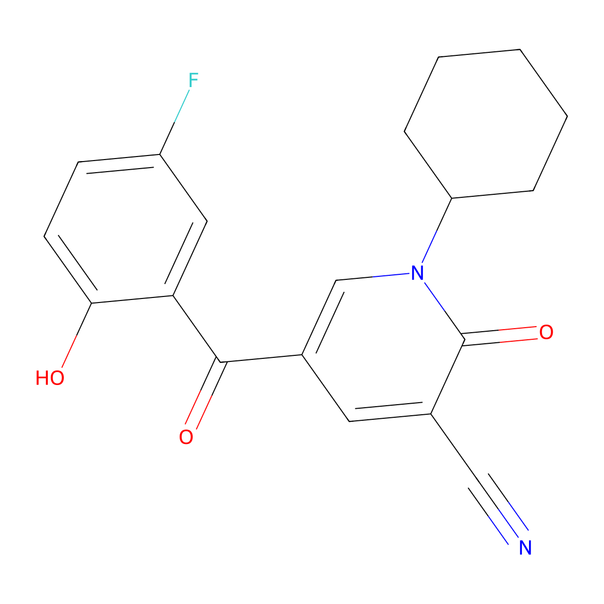1-Cyclohexyl-5-(5-fluoro-2-hydroxybenzoyl)-2-oxo-1,2-dihydropyridine-3-carbonitrile molecular structure, CAS 736978-72-6