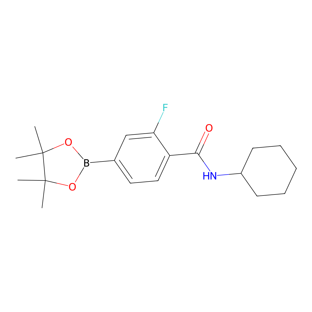 N-cyclohexyl-2-fluoro-4-(4,4,5,5-tetramethyl-1,3,2-dioxaborolan-2-yl)benzamide molecular structure, CAS 736989-95-0