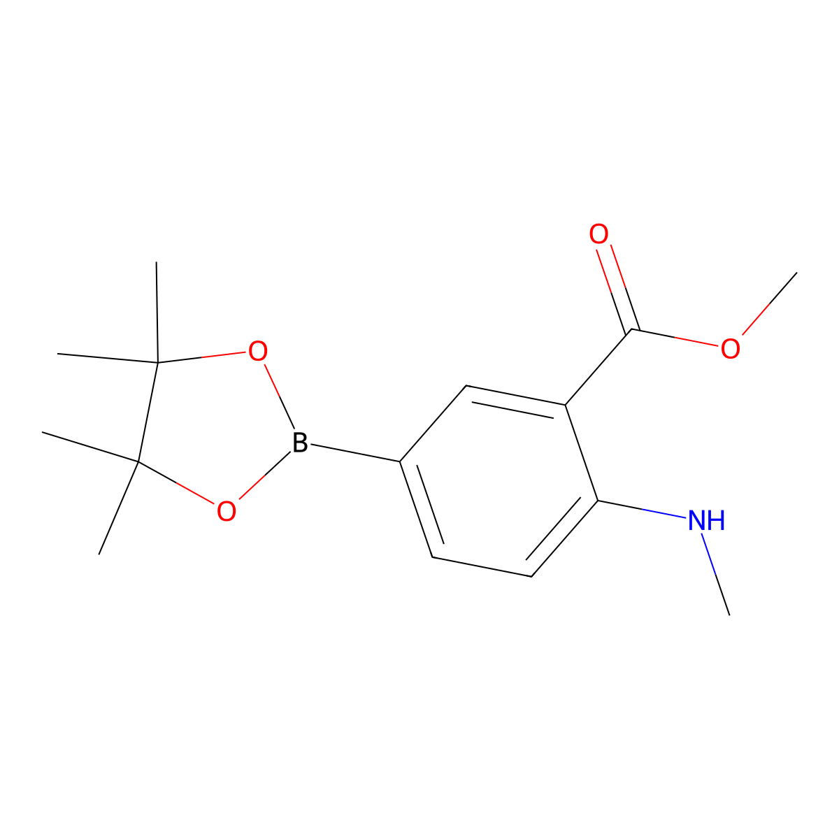 Methyl 2-(methylamino)-5-(4,4,5,5-tetramethyl-1,3,2-dioxaborolan-2-yl)benzoate molecular structure, CAS 736990-25-3