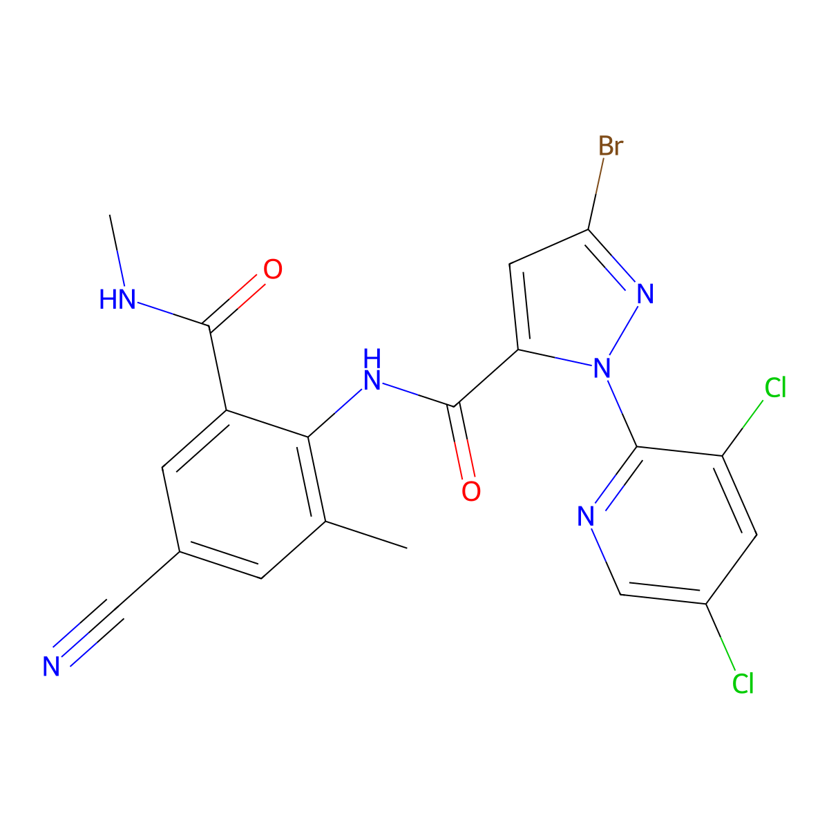 1H-Pyrazole-5-carboxaMide, 3-broMo-N-[4-cyano-2-Methyl-6-[(MethylaMino)carbonyl]phenyl]-1-(3,5-dichloro-2-pyridinyl)- molecular structure, CAS 736995-45-2