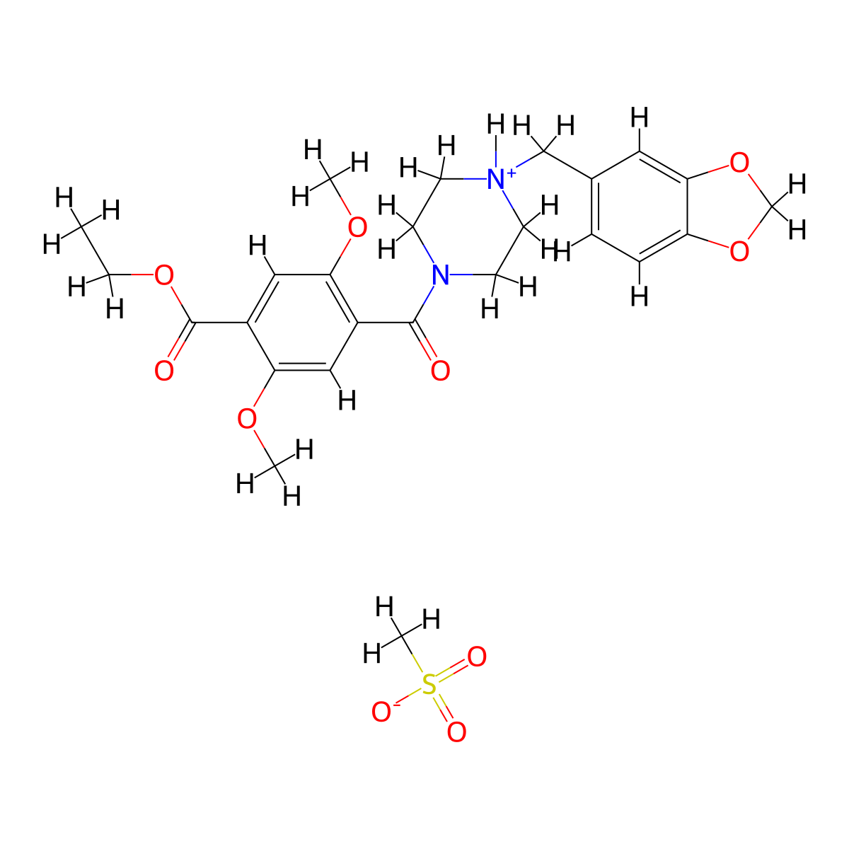 Benzoic acid, 2,5-dimethoxy-4-(4-piperonylpiperazin-1-yl-carbonyl)-, ethyl ester, methanesulfonate molecular structure, CAS 73713-62-9