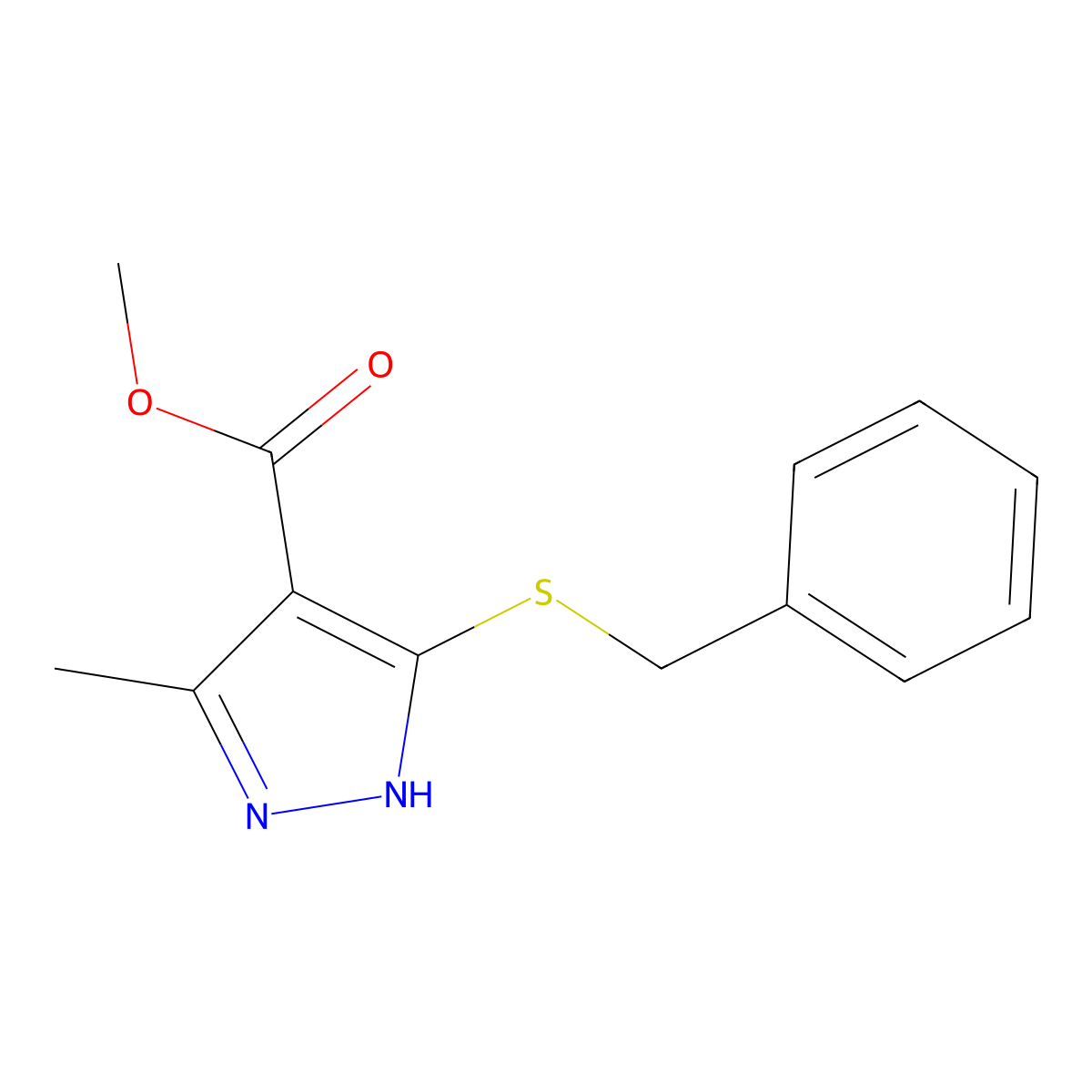 methyl 5-(benzylsulfanyl)-3-methyl-1H-pyrazole-4-carboxylate molecular structure, CAS 73743-53-0