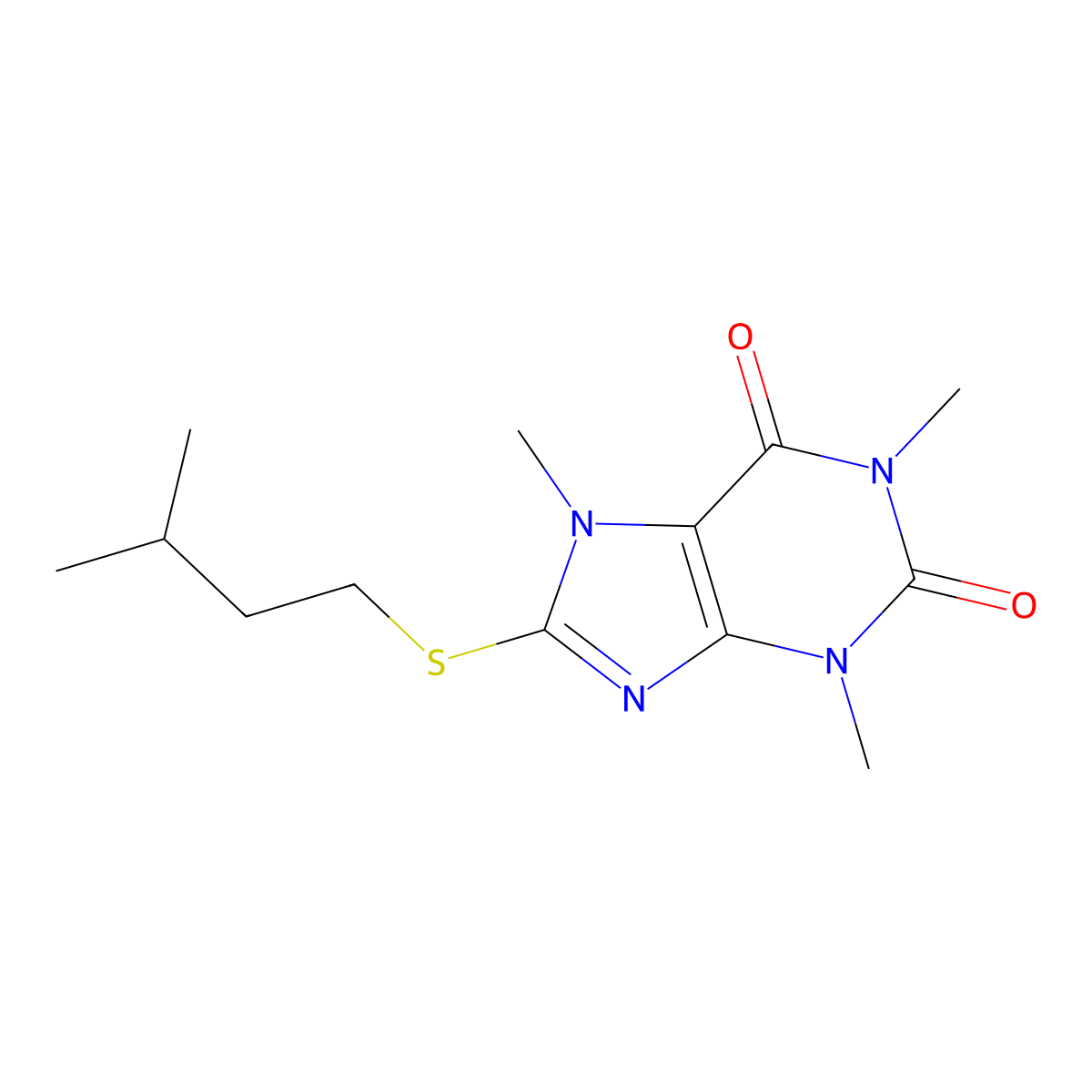 3,7-Dihydro-1,3,7-trimethyl-8-((3-methylbutyl)thio)-1H-purine-2,6-dione molecular structure, CAS 73747-35-0