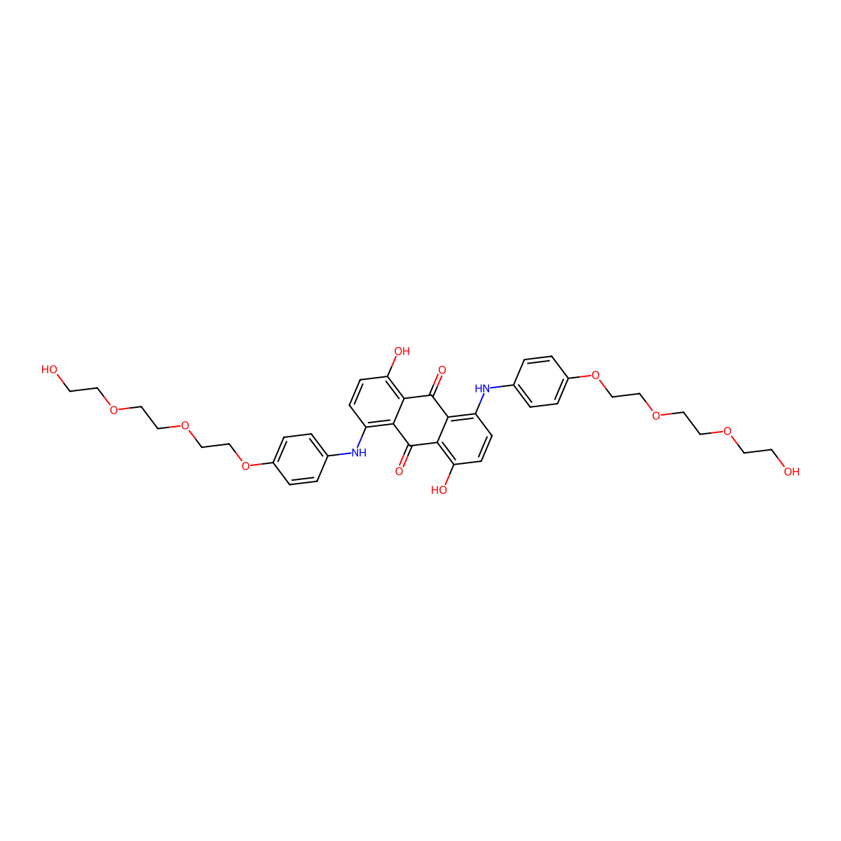 9,10-Anthracenedione, 1,5-dihydroxy-4,8-bis((4-(2-(2-(2-hydroxyethoxy)ethoxy)ethoxy)phenyl)amino)- molecular structure, CAS 7376-52-5